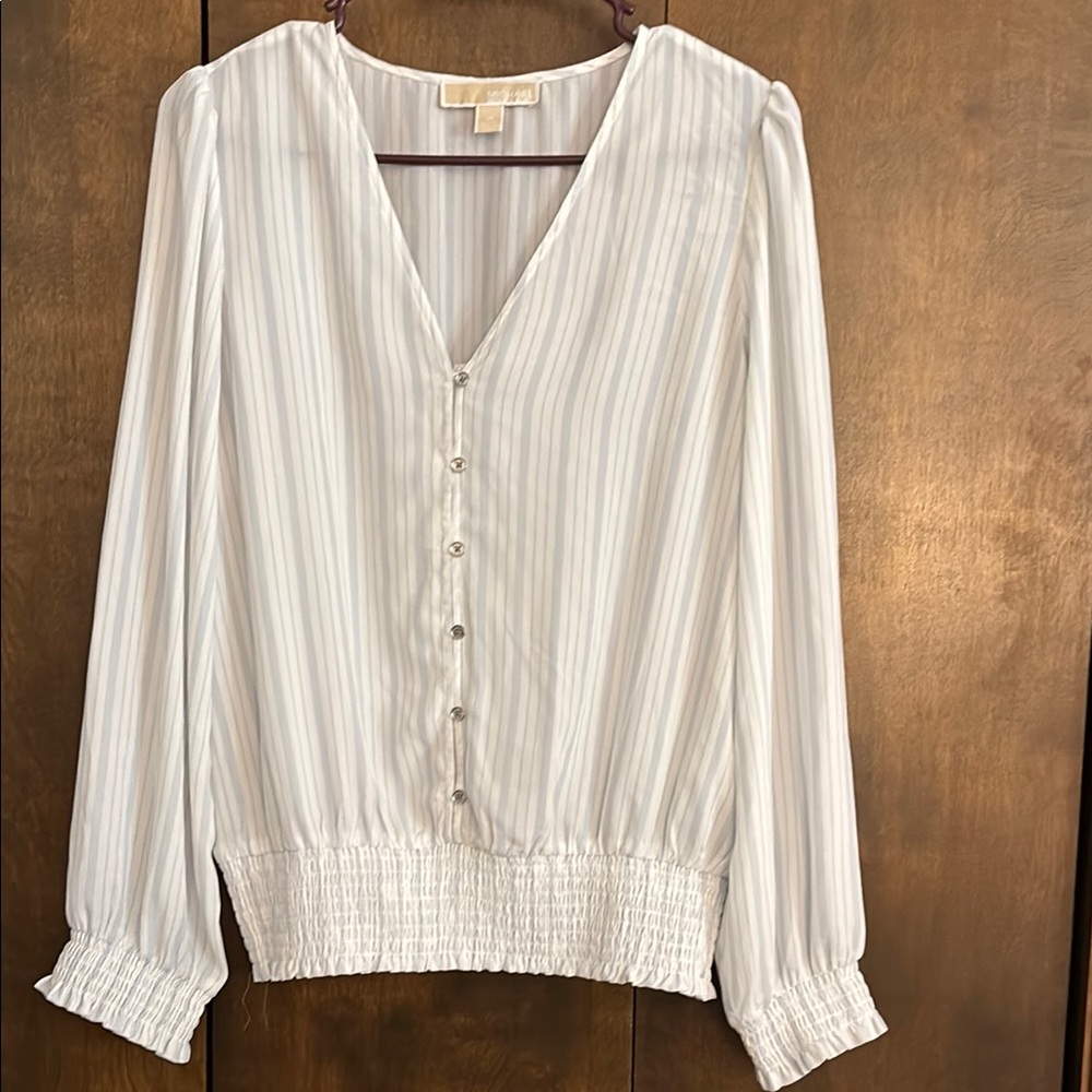 Michael Kors Cream Blouse with Puff Sleeves and Smocked Details